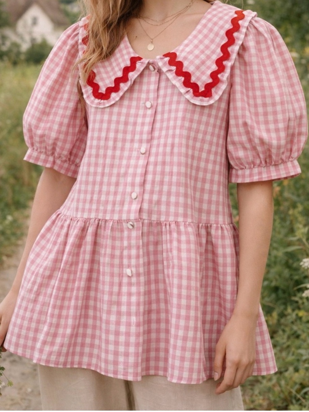 TCEE Pink Gingham Peter Pan Collar Puff Sleeve Peplum Top Size S